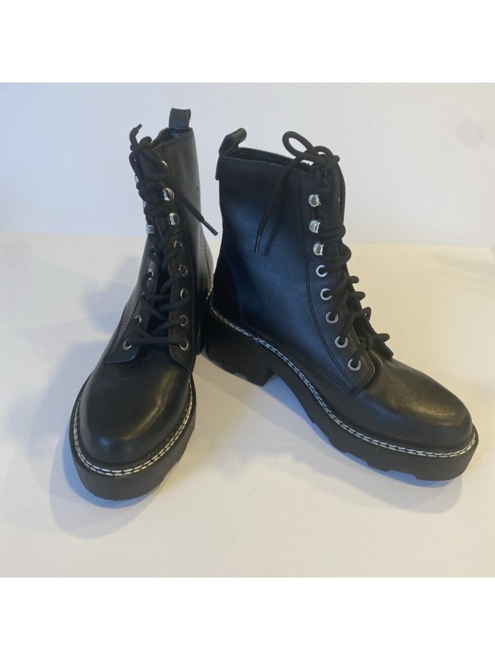 Calvin Klein Abeni Womens Combat Boots 8 Black Leather Hiker Platform Lug Sole
